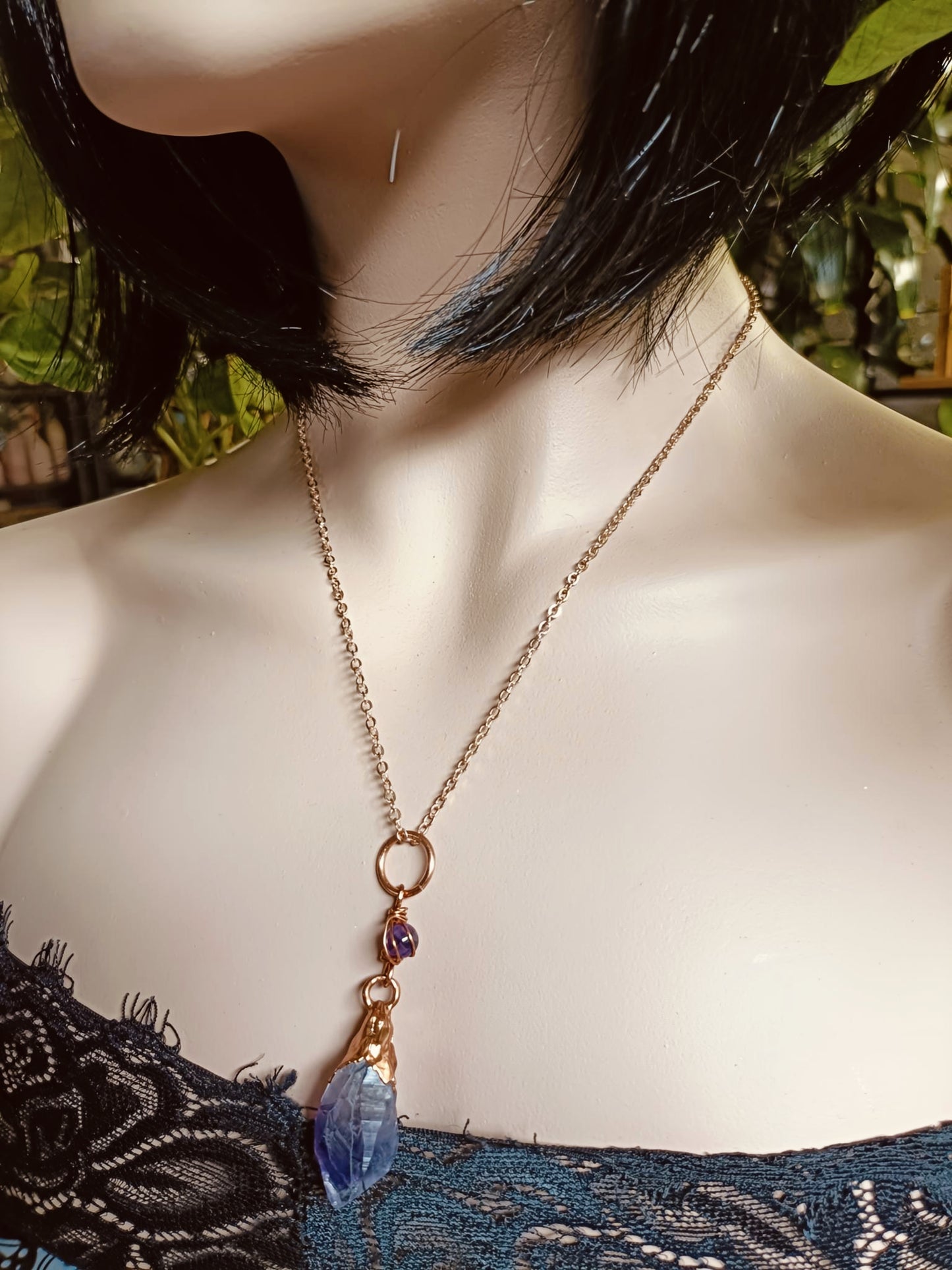 Beaded Rough Amethyst Point Copper Electroformed Pendant Necklace