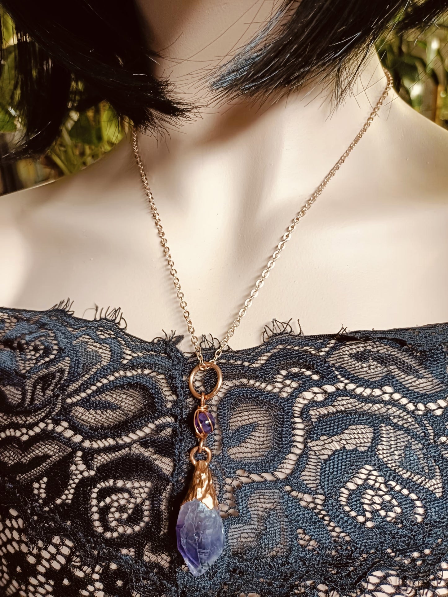 Beaded Rough Amethyst Point Copper Electroformed Pendant Necklace