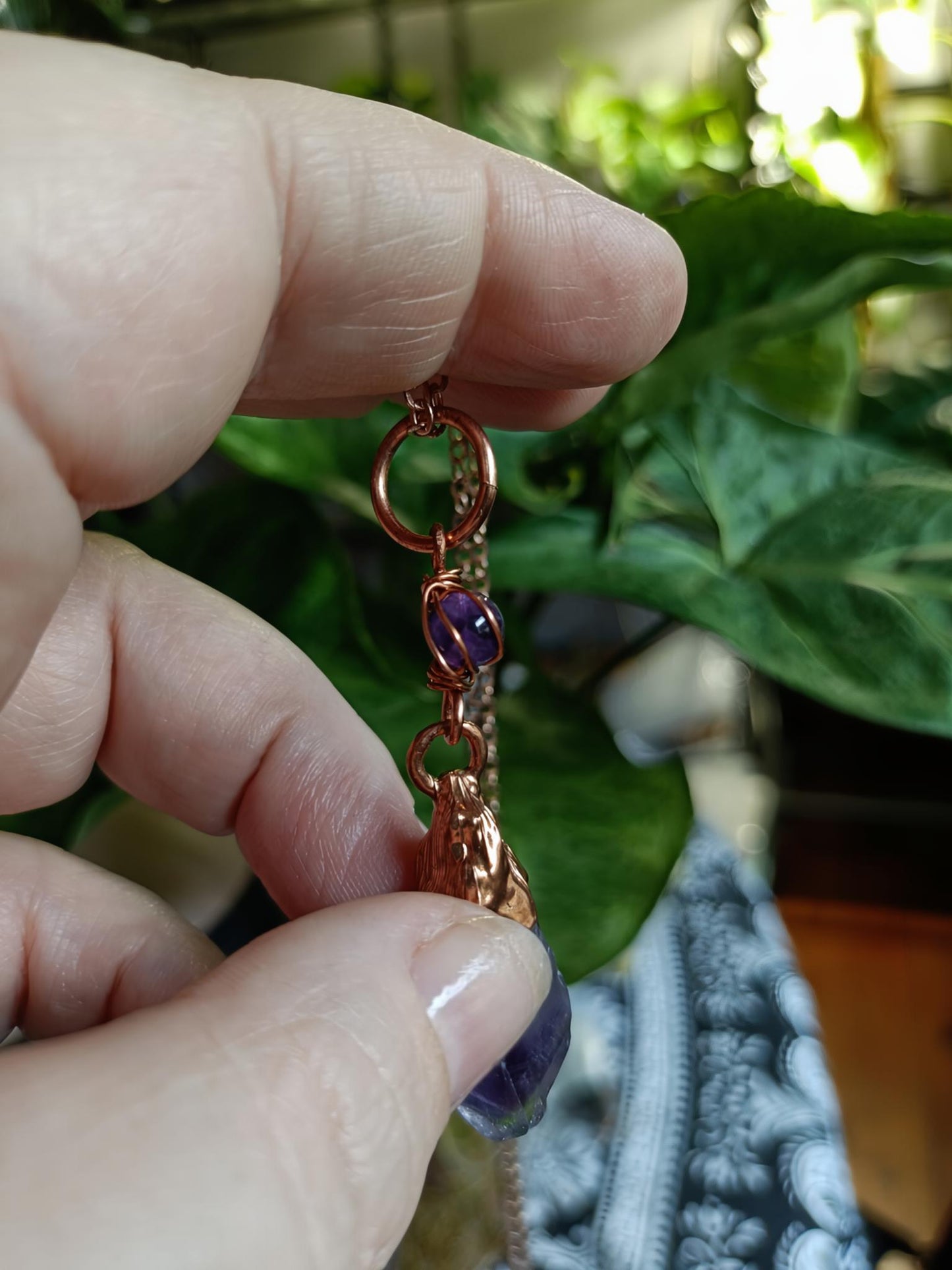 Beaded Rough Amethyst Point Copper Electroformed Pendant Necklace