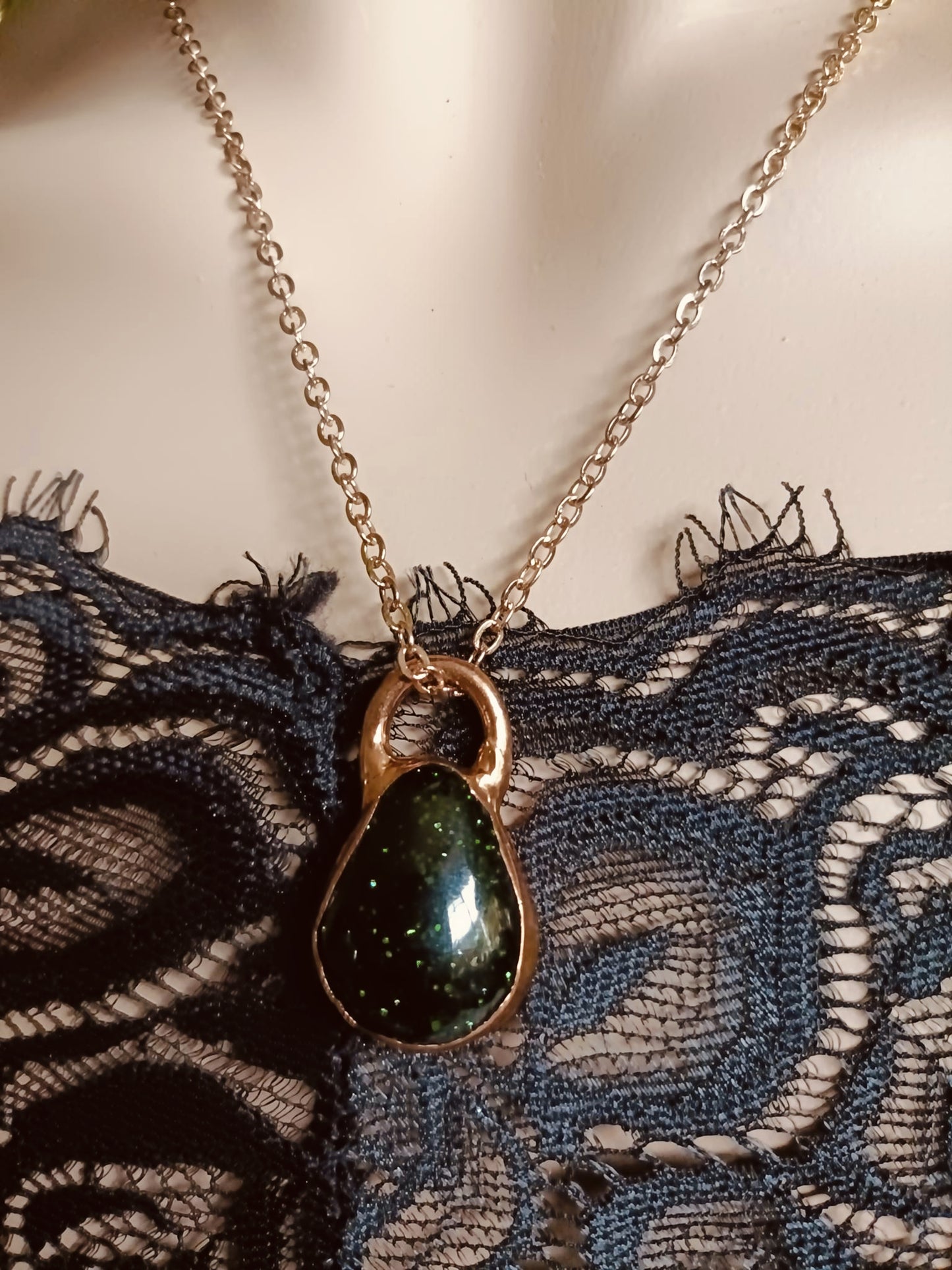 Handmade Green Goldstone Copper Electroformed Pendant Necklace