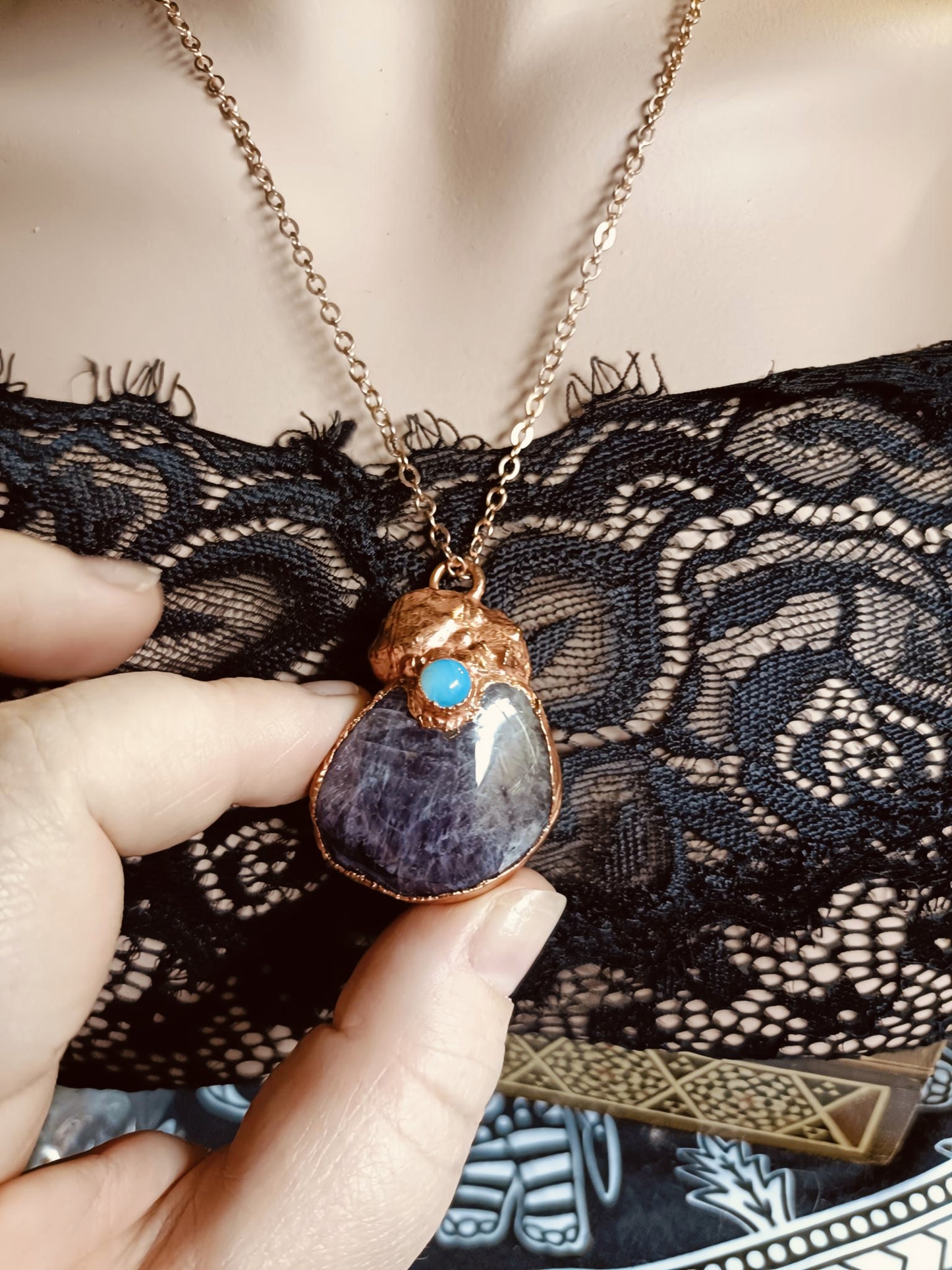 Handmade Amethyst Shell and Opalite Pendant Necklace