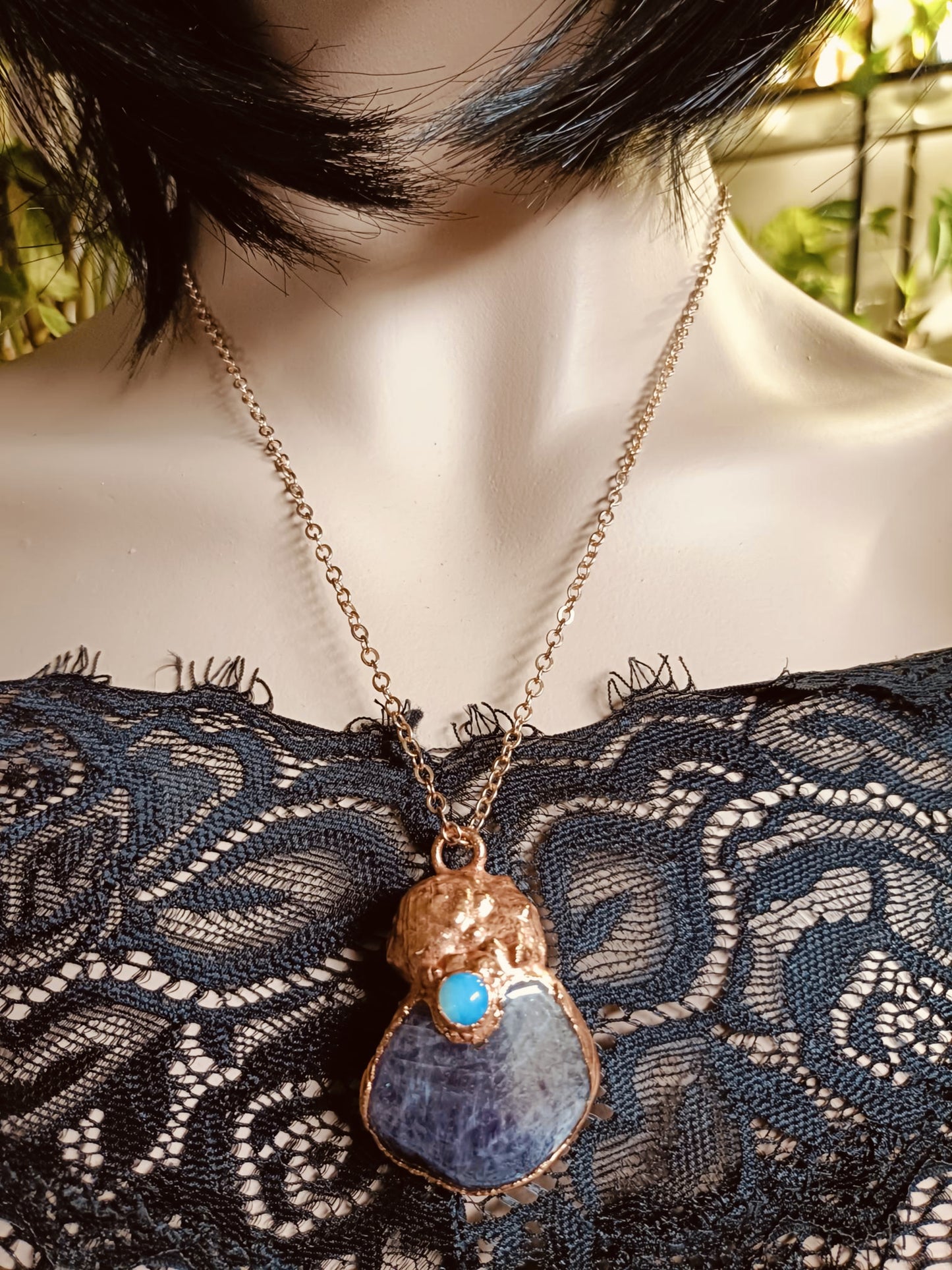 Handmade Amethyst Shell and Opalite Pendant Necklace