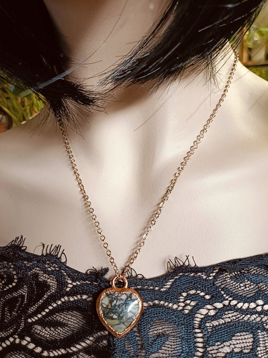 Copper Electroformed Rhodonite Heart Pendant Necklace