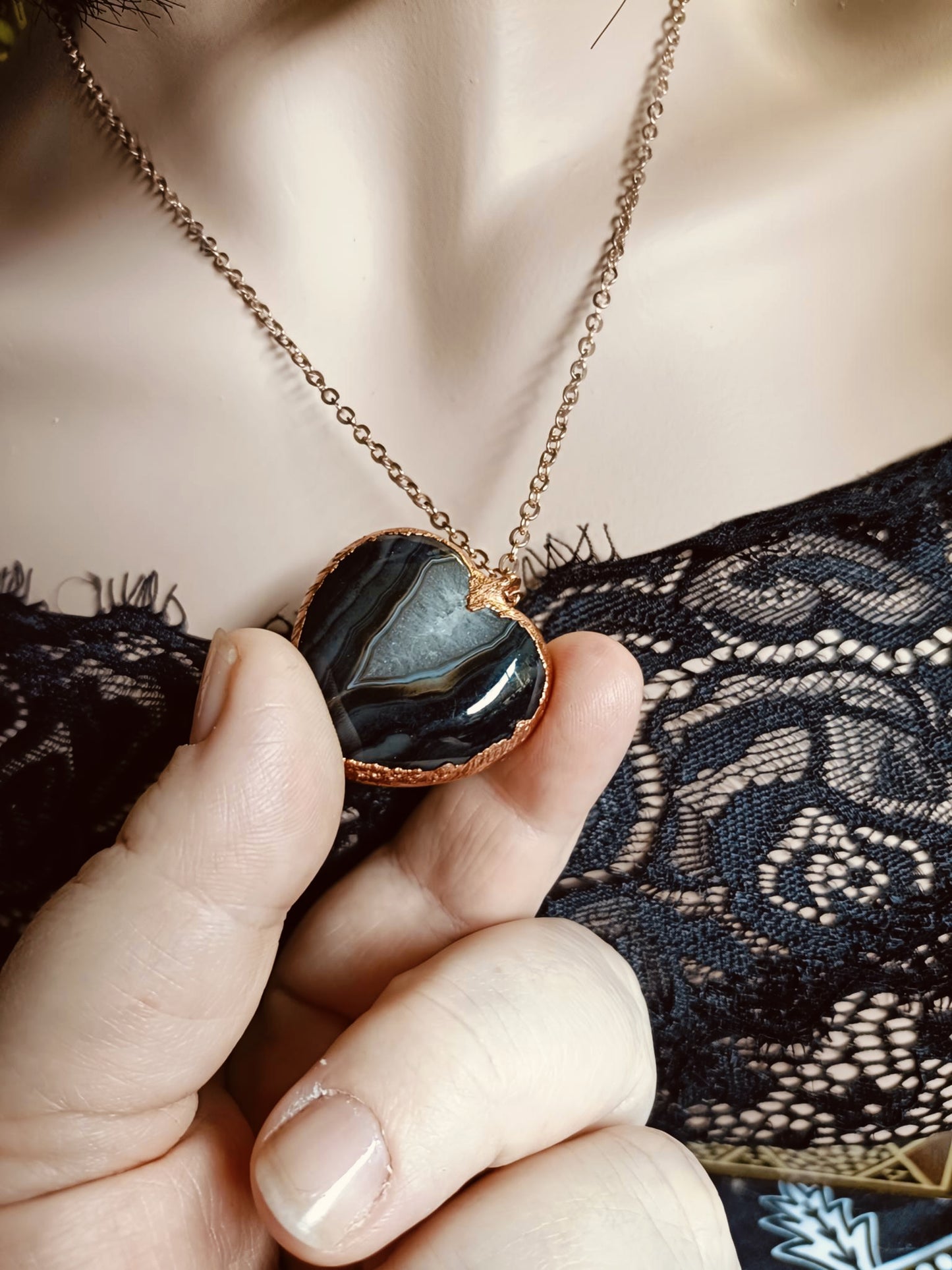 Sardonyx Agate Heart Copper Electroformed Pendant Necklace