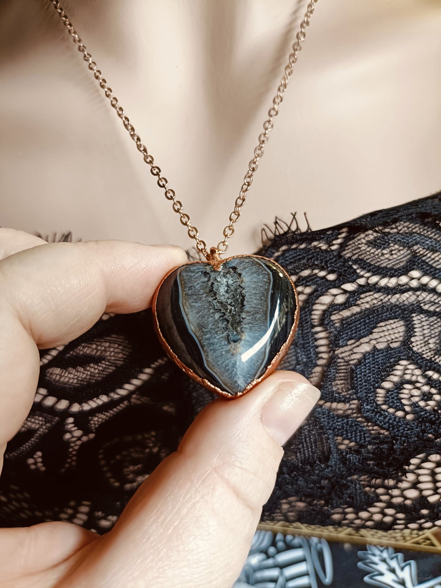 Sardonyx Agate Heart Copper Electroformed Pendant Necklace