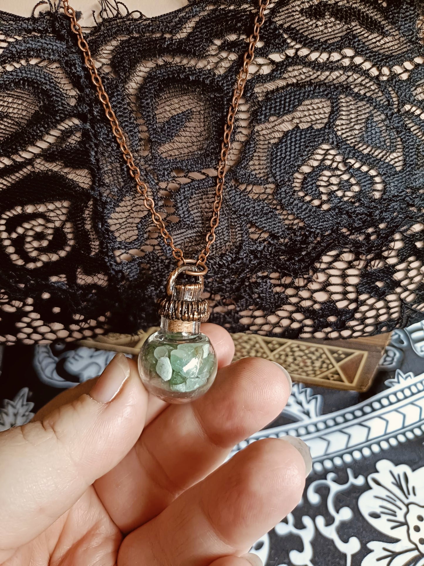 Green Adventurine Round Glass Vial Copper Electroformed Pendant Necklace