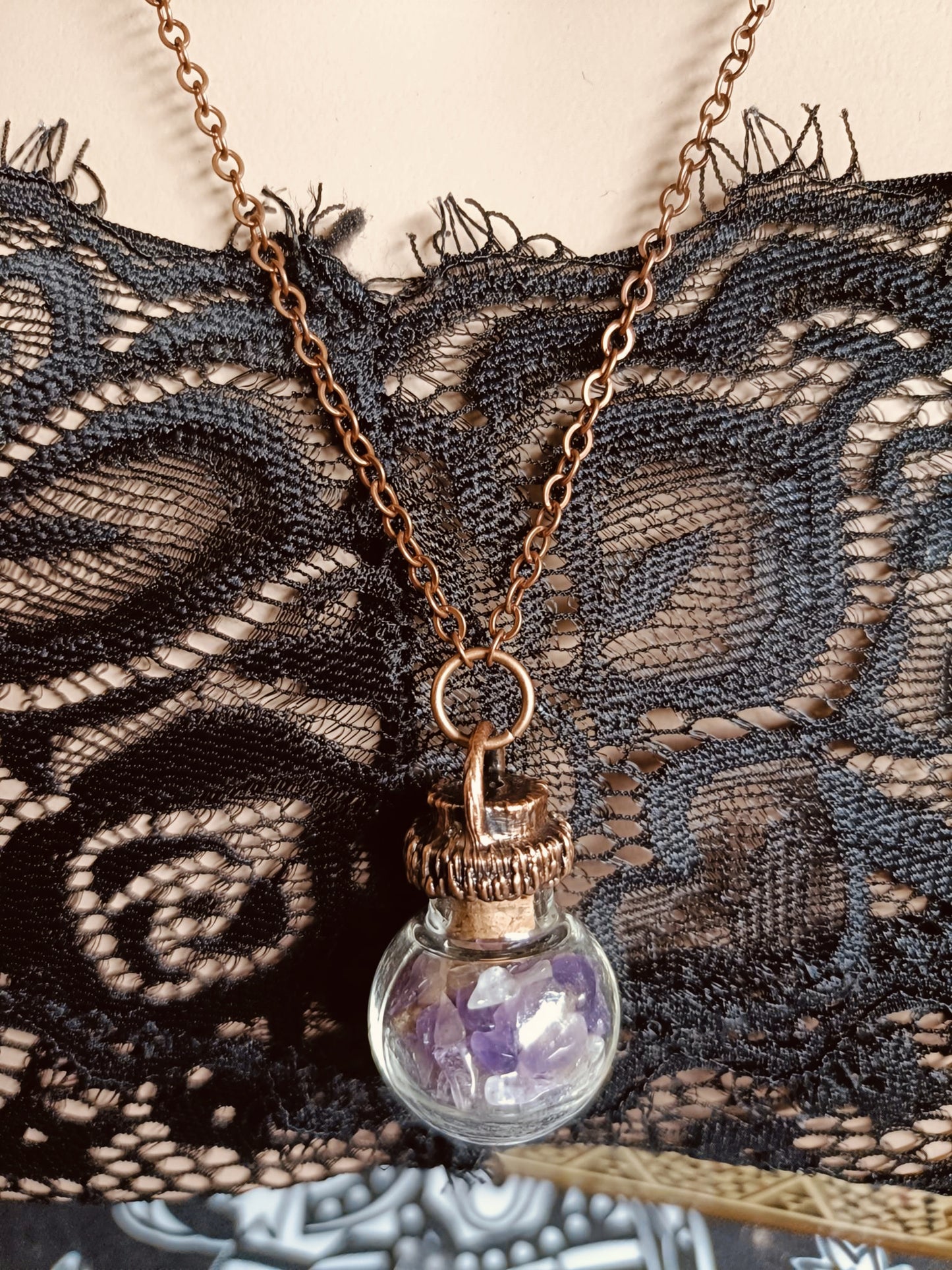Amethyst Round Glass Vial Copper Electroformed Pendant Necklace
