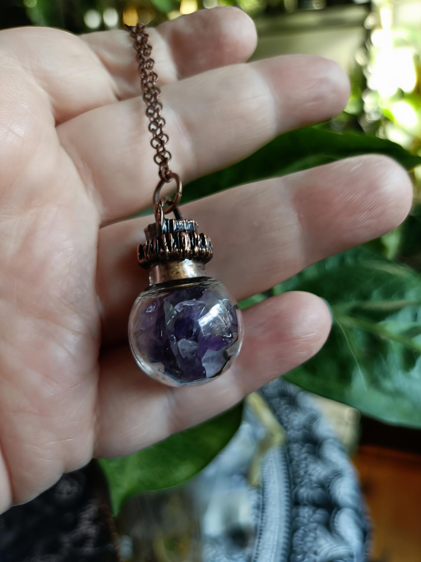 Amethyst Round Glass Vial Copper Electroformed Pendant Necklace