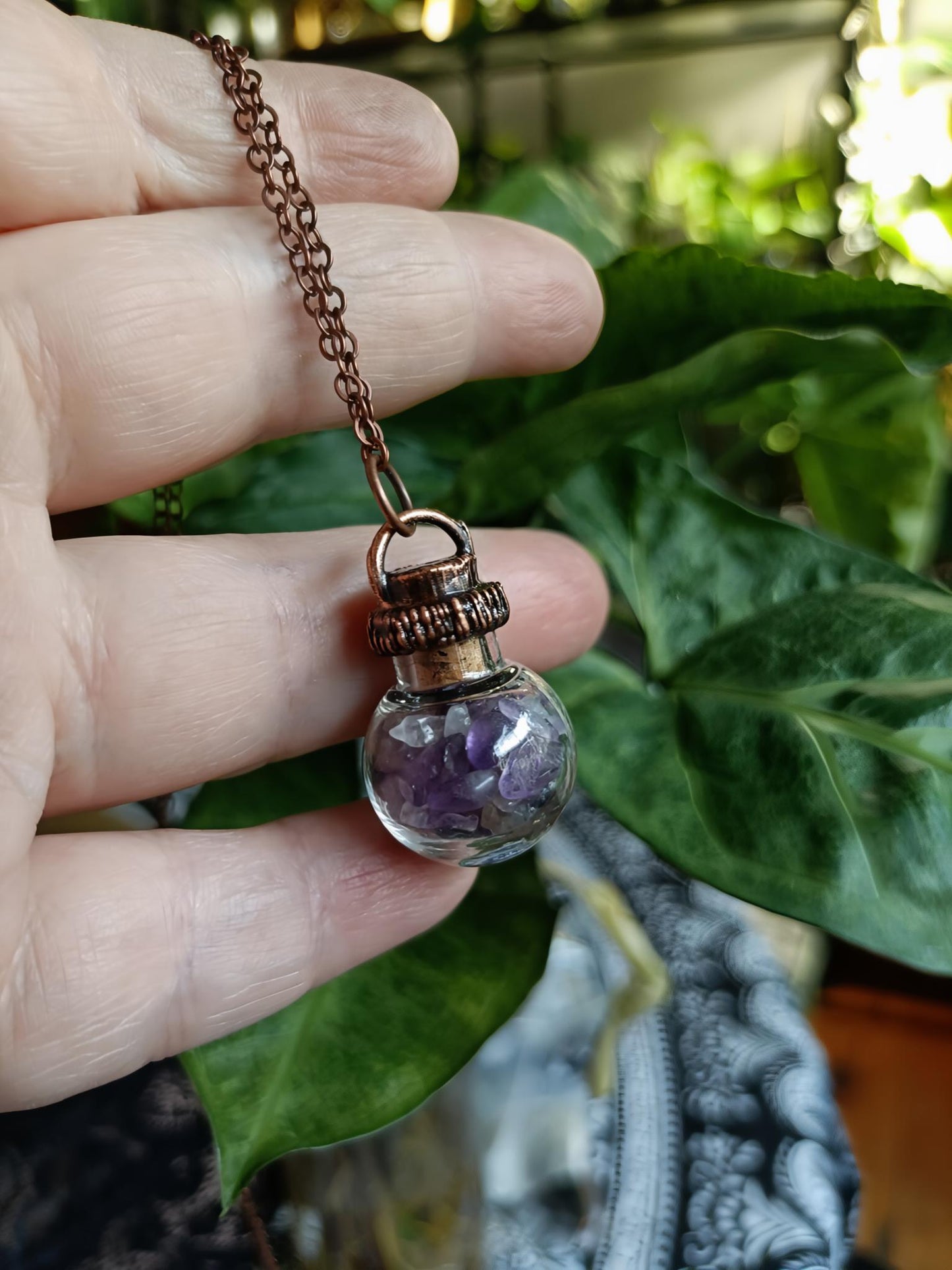 Amethyst Round Glass Vial Copper Electroformed Pendant Necklace