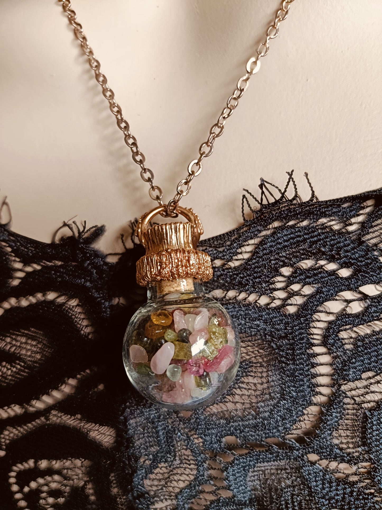 Mixed Tourmaline Round Glass Vial Copper Electroformed Pendant Necklace