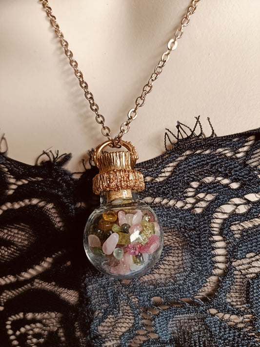 Mixed Tourmaline Round Glass Vial Copper Electroformed Pendant Necklace