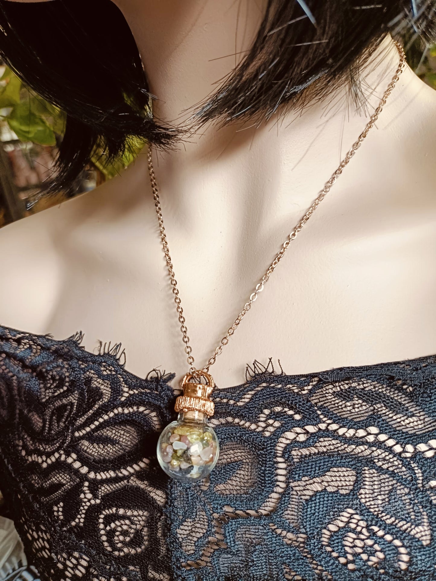 Mixed Tourmaline Round Glass Vial Copper Electroformed Pendant Necklace