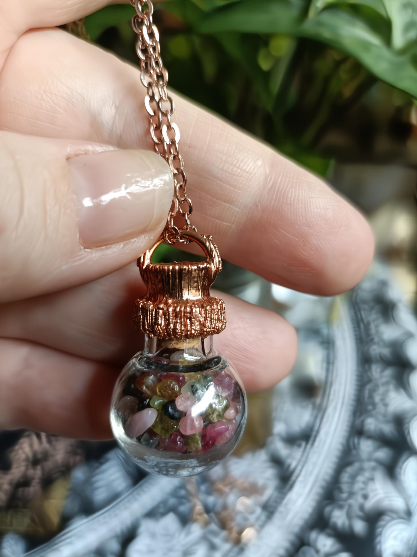 Mixed Tourmaline Round Glass Vial Copper Electroformed Pendant Necklace
