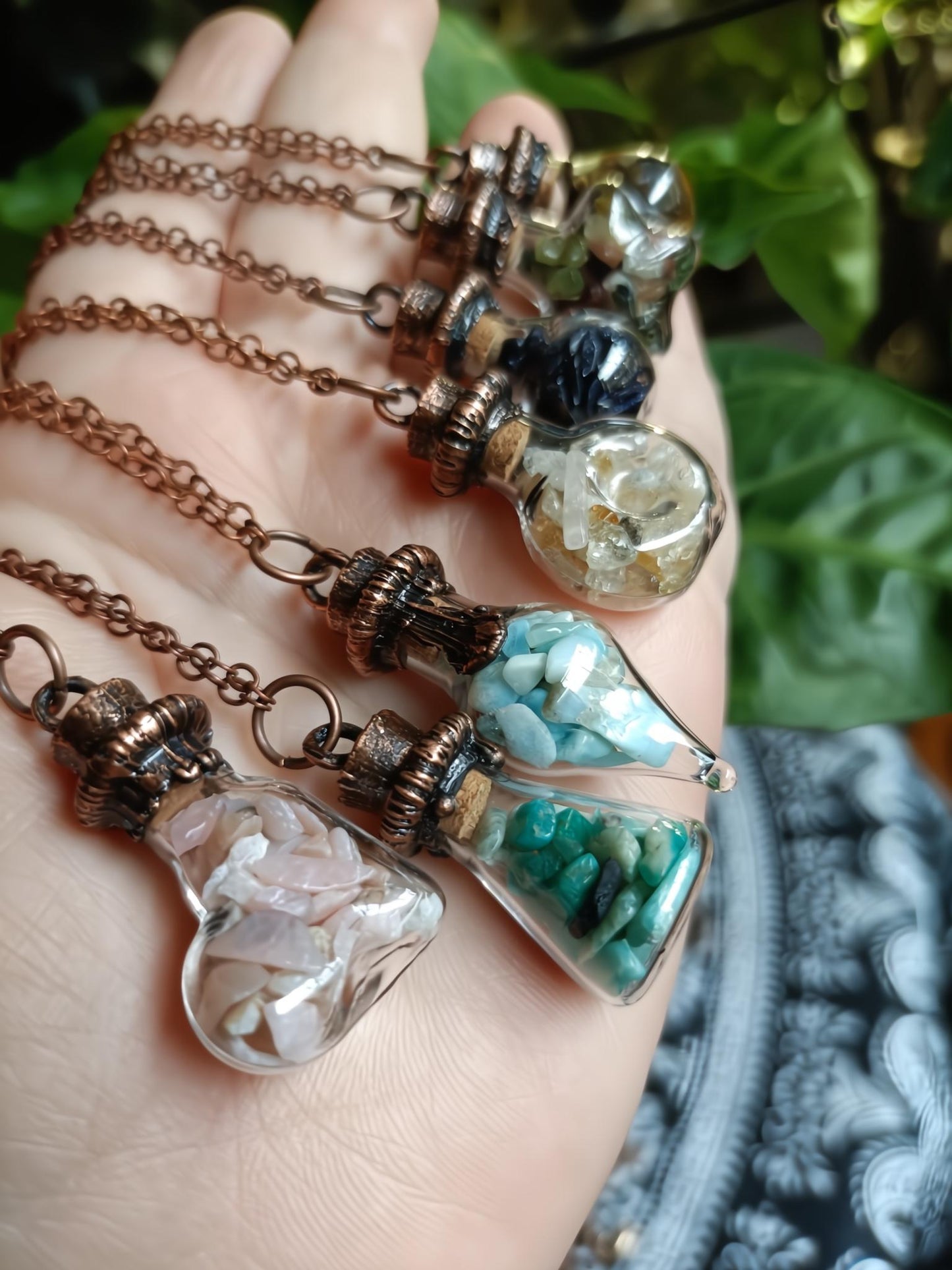 Assorted Glass Vial Copper Electroformed Pendant Necklace