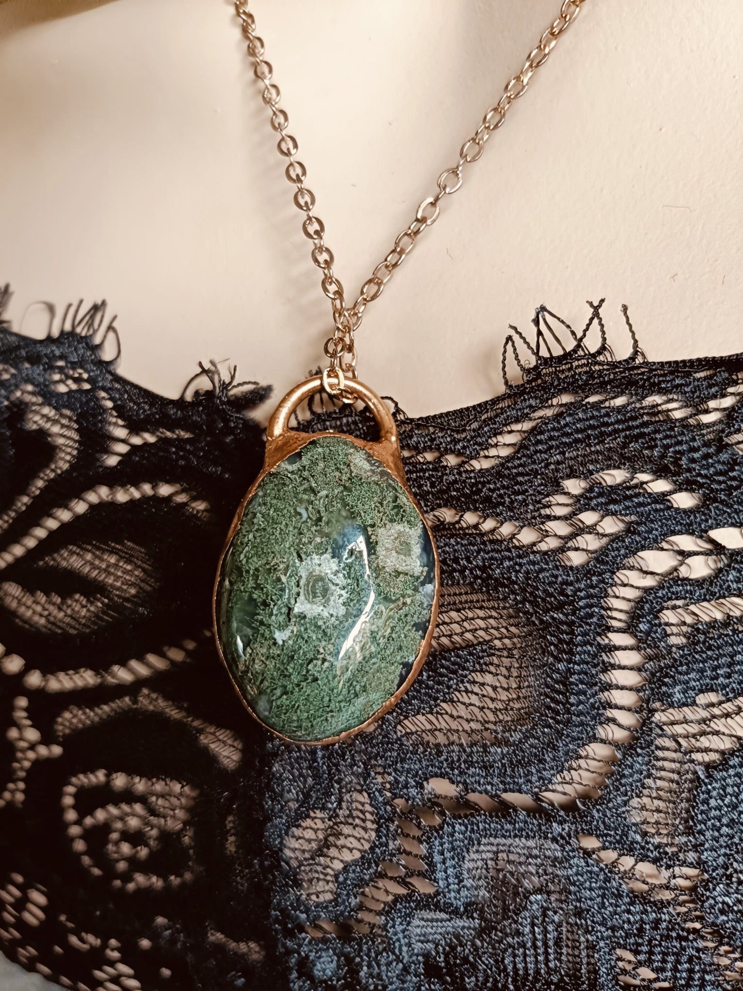Moss Agate Tumble Stone Copper Electroformed Pendant Necklace
