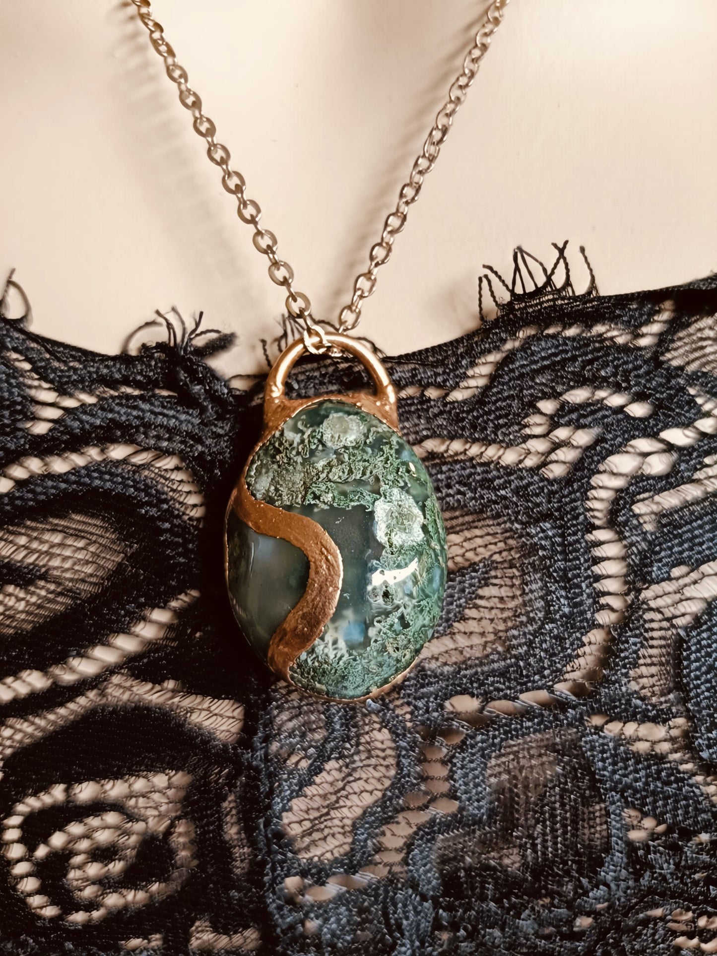 Moss Agate Tumble Stone Copper Electroformed Pendant Necklace