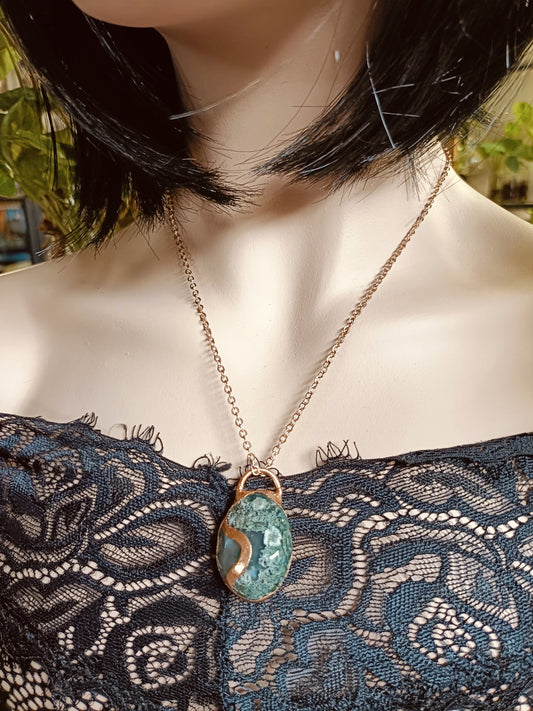Moss Agate Tumble Stone Copper Electroformed Pendant Necklace