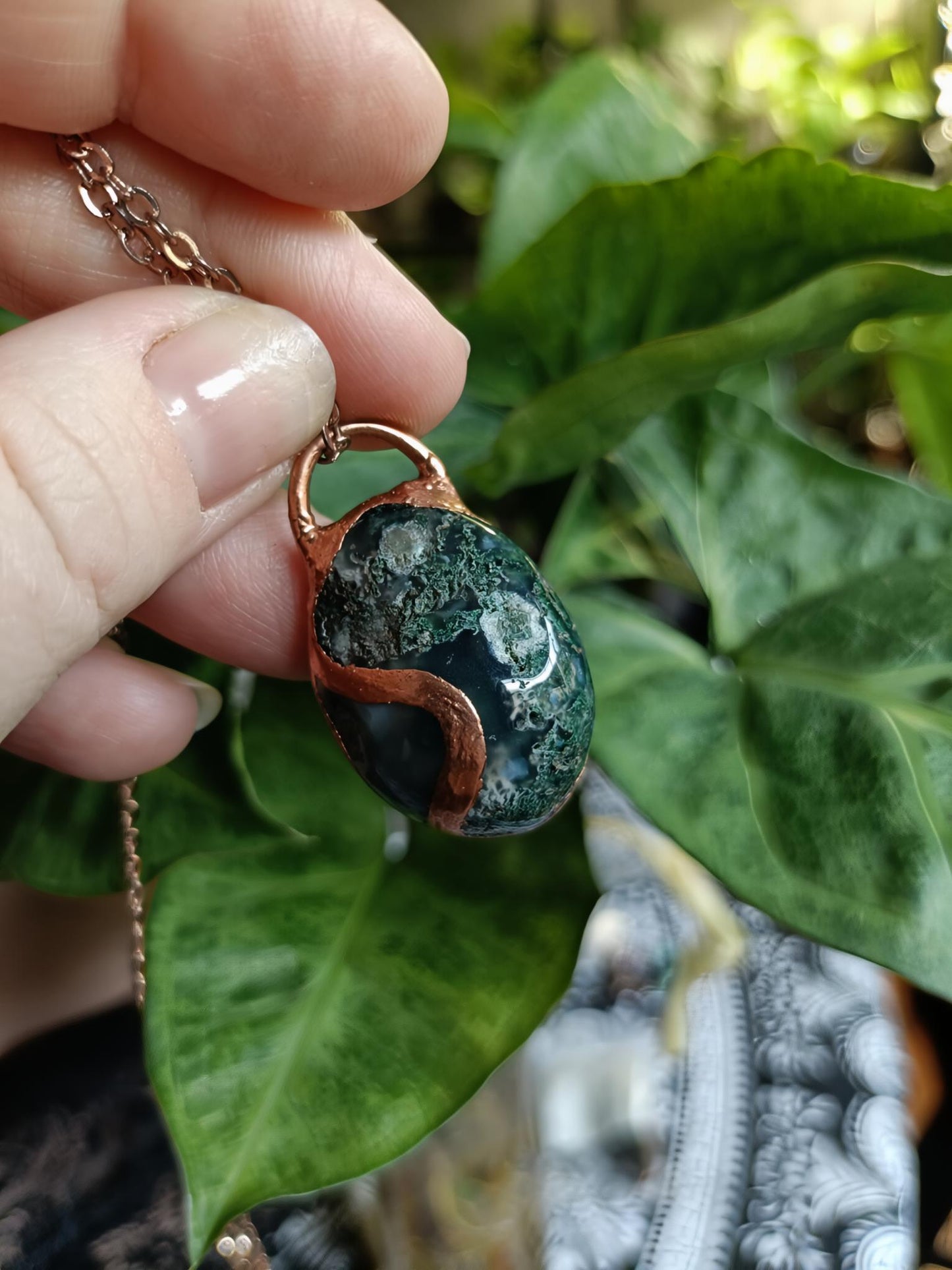 Moss Agate Tumble Stone Copper Electroformed Pendant Necklace