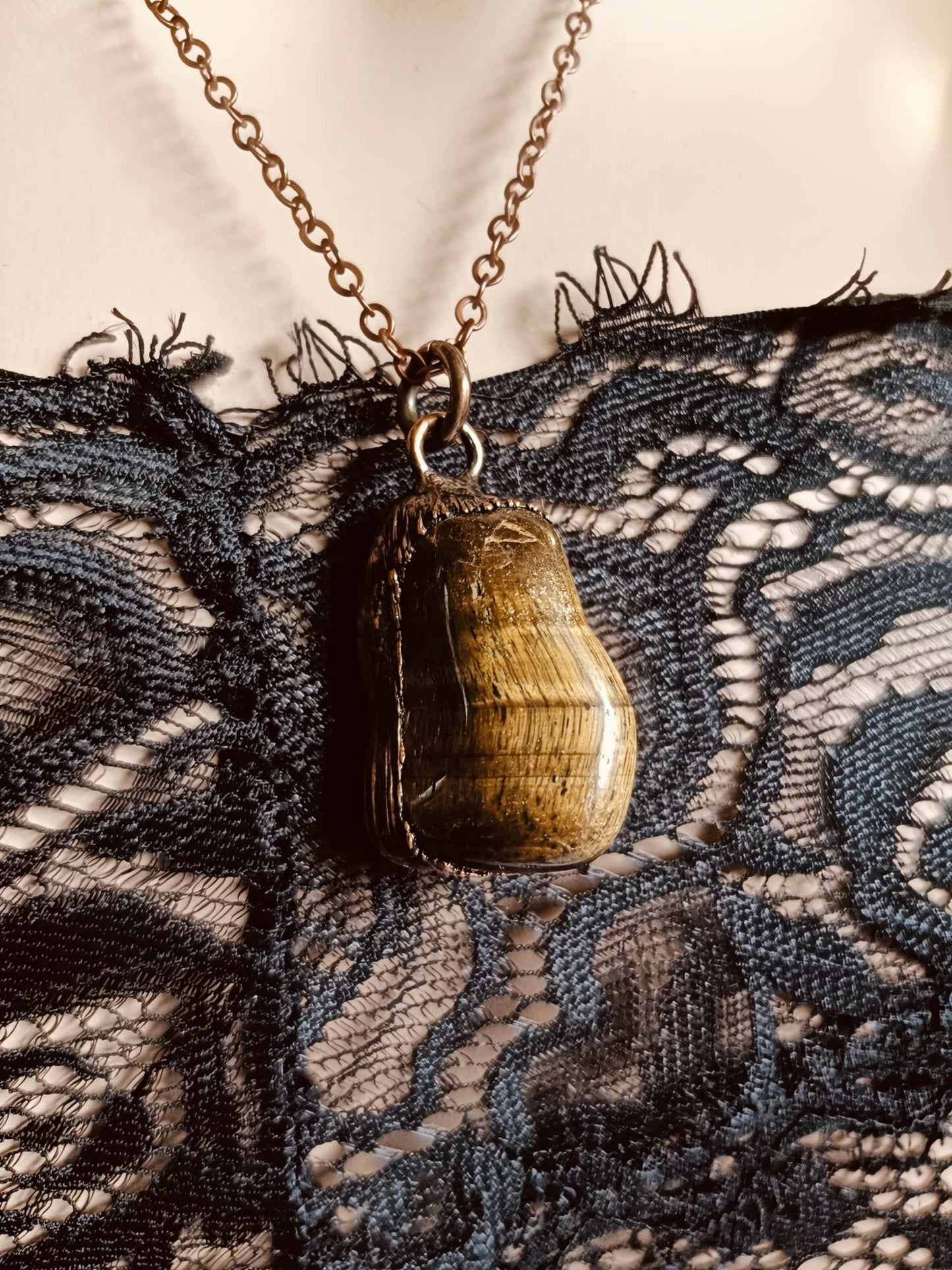 Tigers Eye Tumble Stone Copper Electroformed Pendant Necklace
