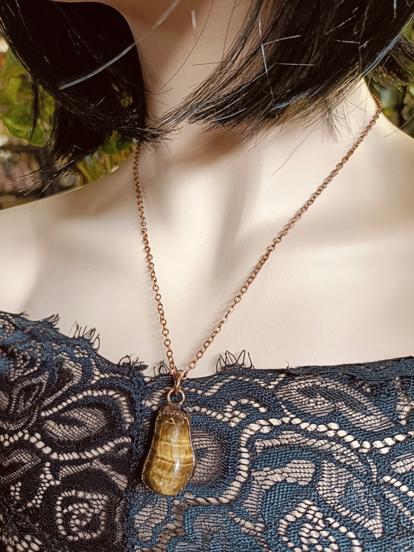 Tigers Eye Tumble Stone Copper Electroformed Pendant Necklace