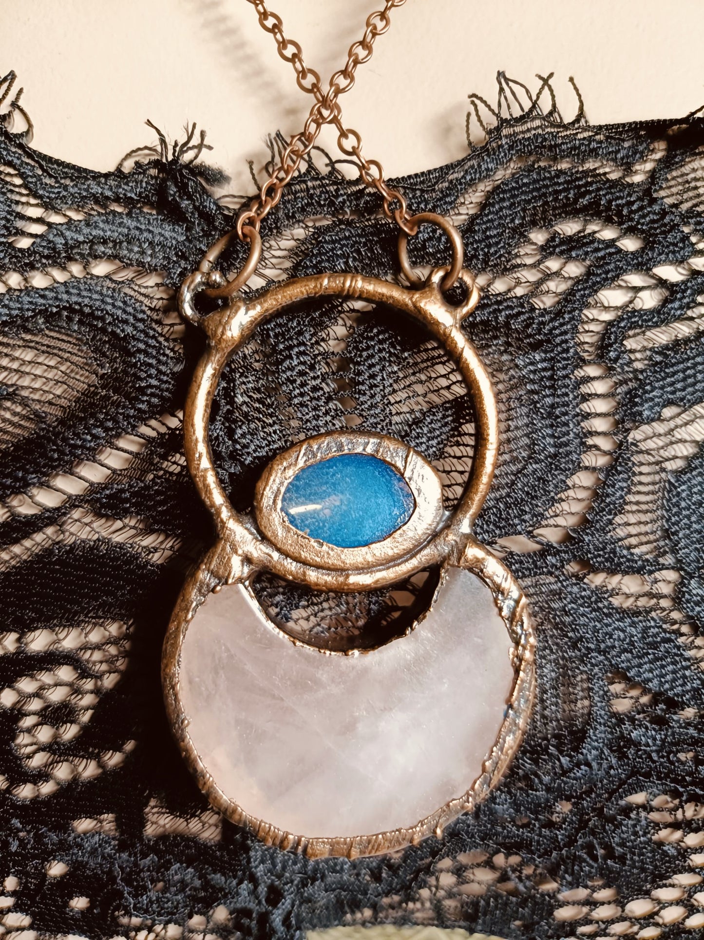 Rose Quartz Moon and Opalite Talisman Necklace