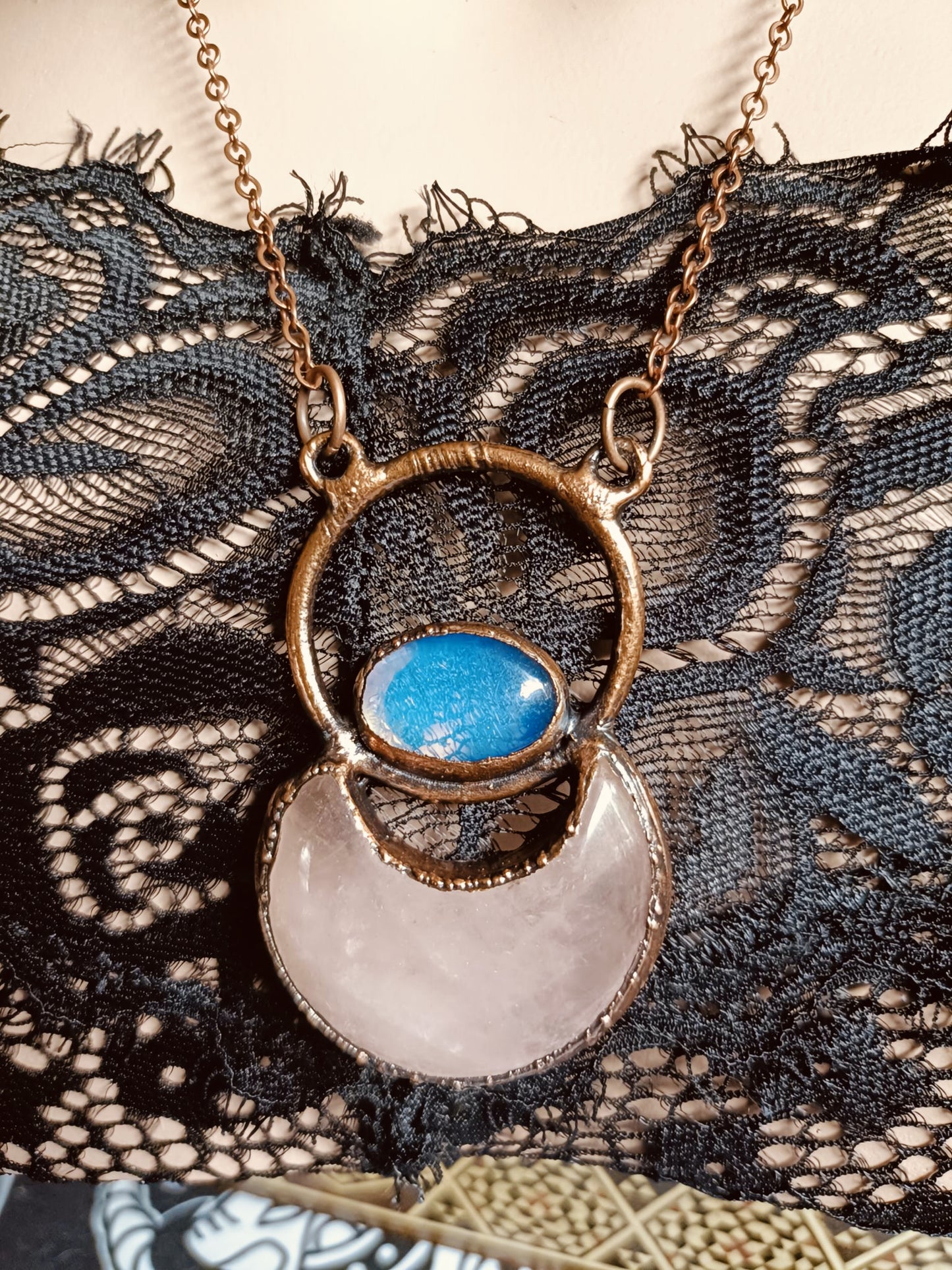 Rose Quartz Moon and Opalite Talisman Necklace