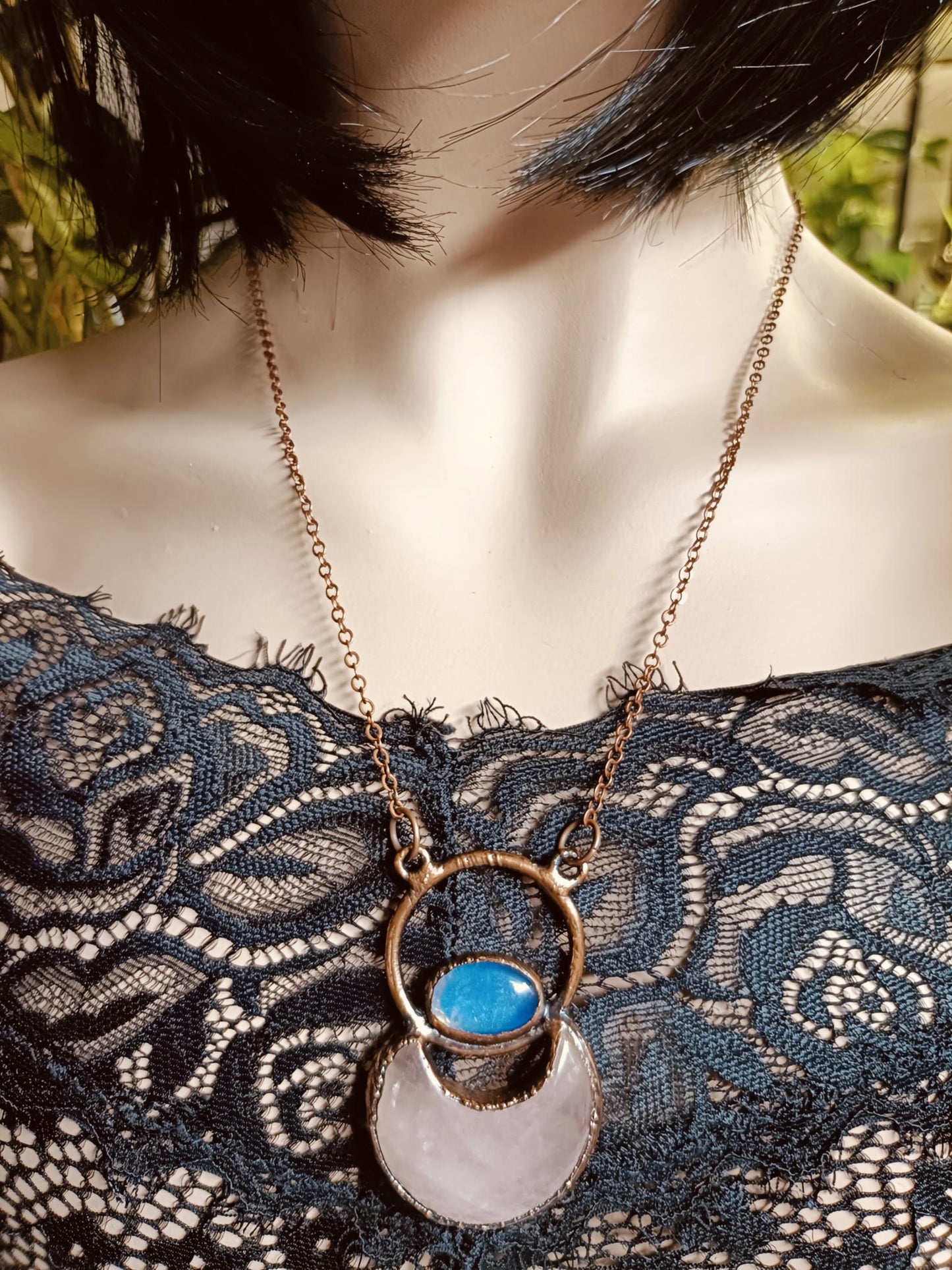 Rose Quartz Moon and Opalite Talisman Necklace