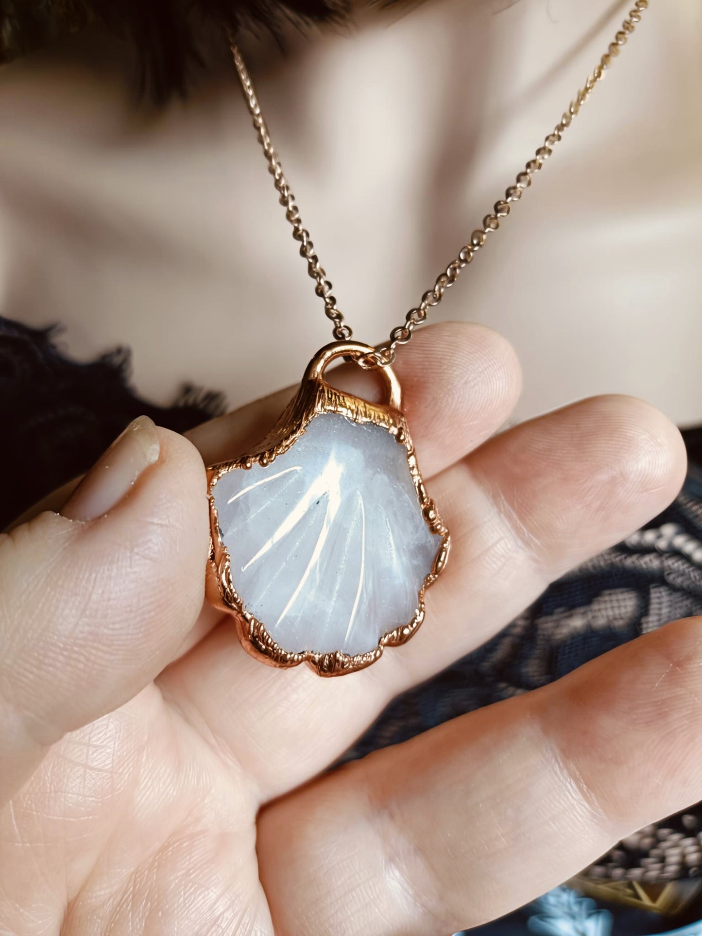 Handmade Rose Quartz Shell Copper Electroformed Pendant Necklace