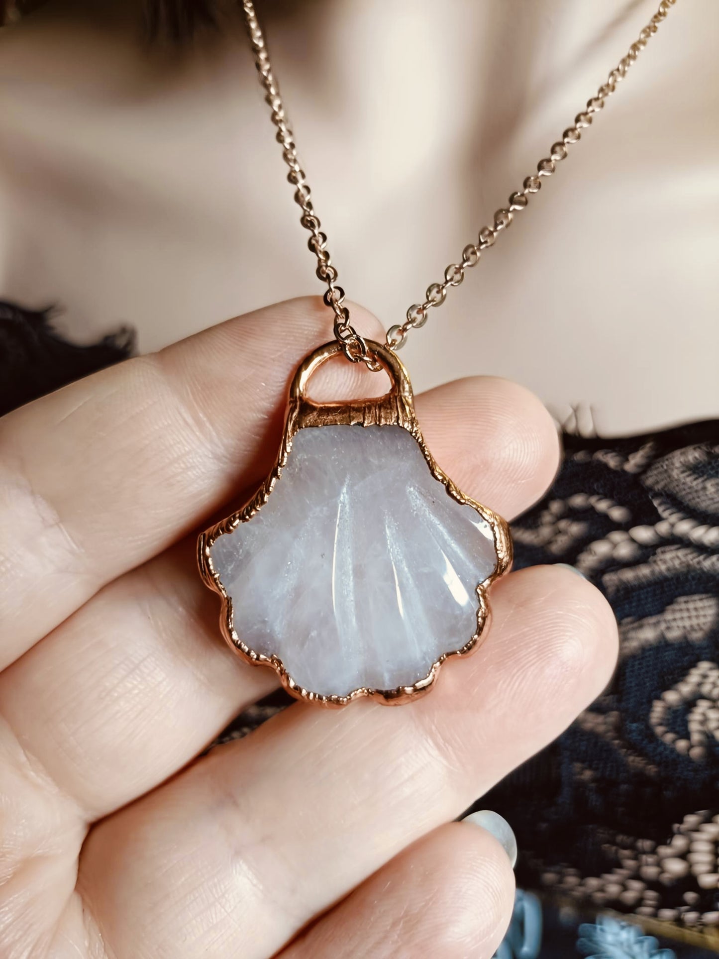 Handmade Rose Quartz Shell Copper Electroformed Pendant Necklace