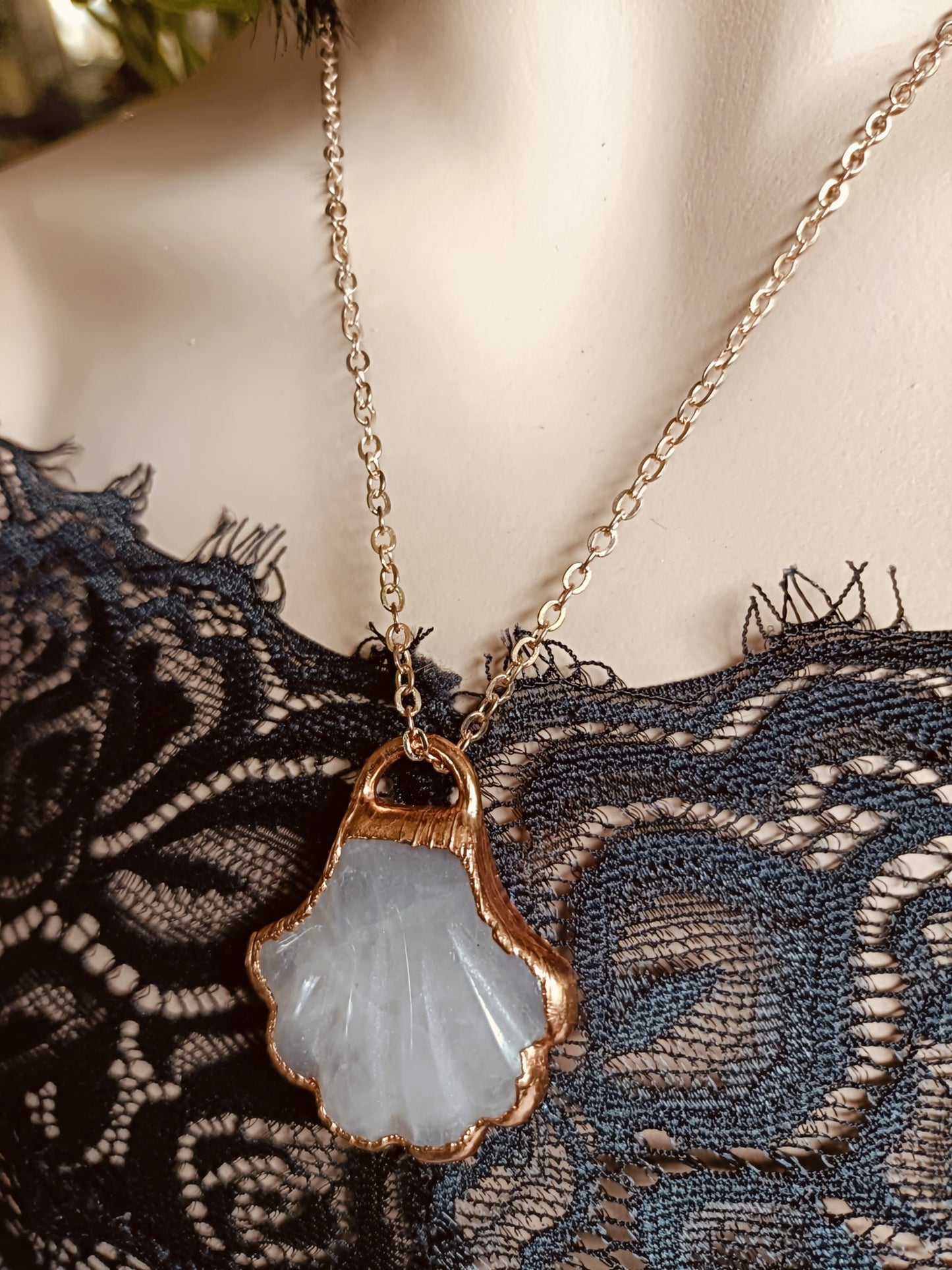 Handmade Rose Quartz Shell Copper Electroformed Pendant Necklace