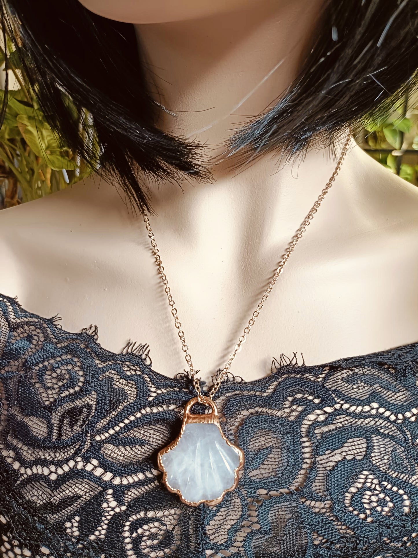Handmade Rose Quartz Shell Copper Electroformed Pendant Necklace