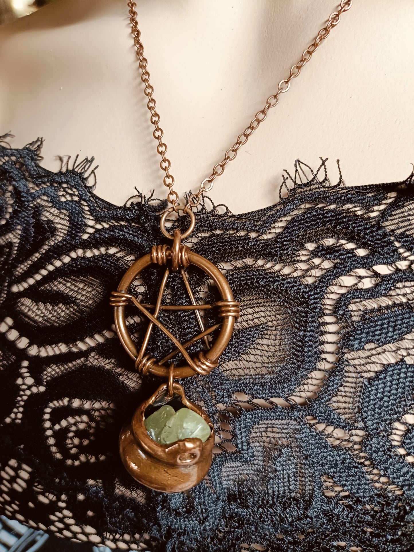 Handmade Prehnite Pentagram and Cauldron Pendant Necklace