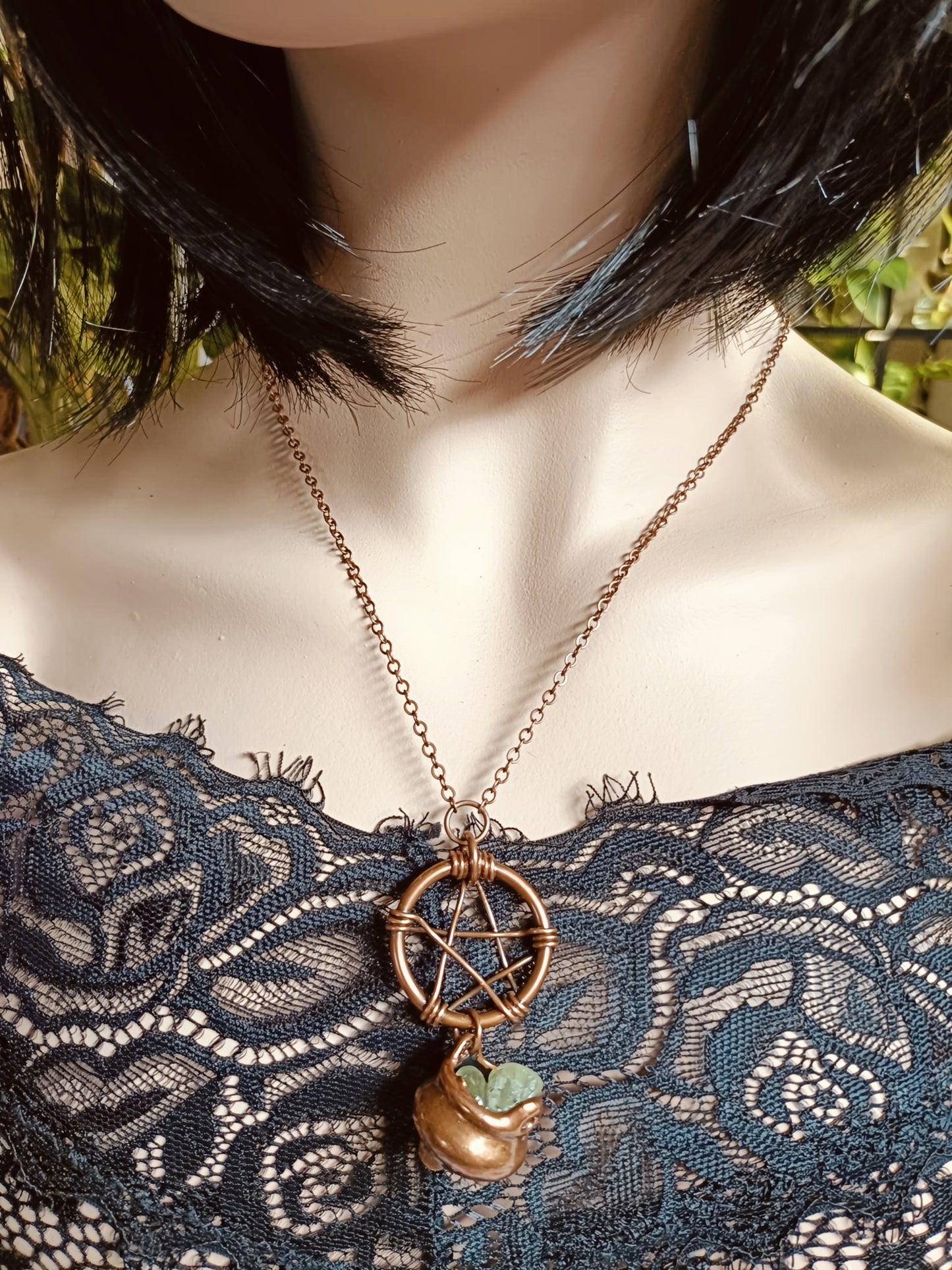 Handmade Prehnite Pentagram and Cauldron Pendant Necklace