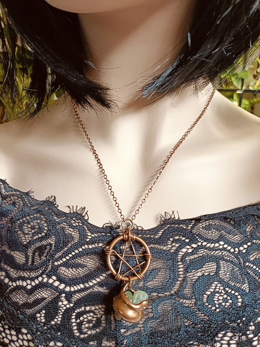 Handmade Prehnite Pentagram and Cauldron Pendant Necklace
