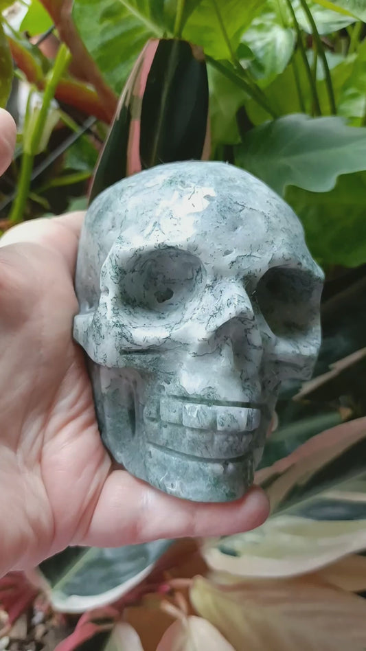 Moss Agate Skull Carving - 892g